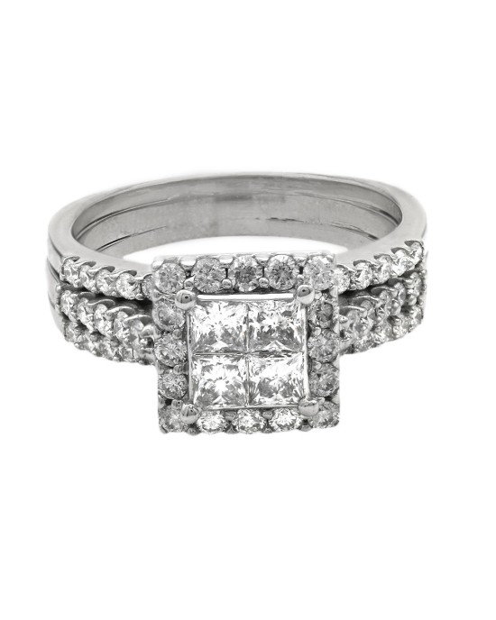 3 Row Diamond Square Halo Wedding Ring in White Gold